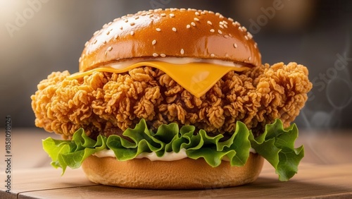 Commercial close up perspective of fried chicken burger emphasizing crispy texture and appetizing details