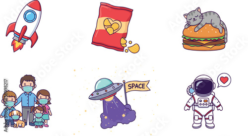 Cute cartoon icons set with rocket food cat family safety UFO and astronaut playful illustration collection