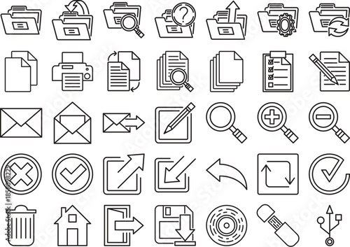 Collection of diverse outlined icons representing files folders and related actions