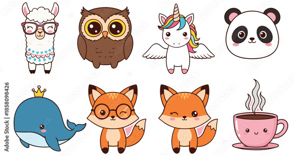 Obraz premium Cute cartoon kawaii animals and icons set with panda fox unicorn owl and coffee illustration