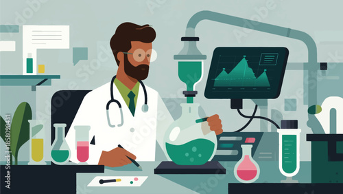 Illustration Of A Scientist Practicing In A Laboratory With A Data Graph Vector Design Template