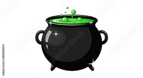 Black cauldron with bubbling green potion Halloween themed illustration.