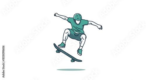 Dynamic illustration of a skateboarder jumping with a helmet and green outfit.