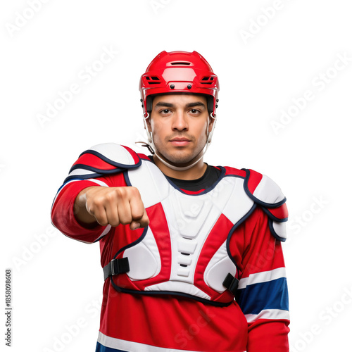 Adult Male Hockey Player in Protective Gear with Helmet and Jersey for Ice Hockey Promotions