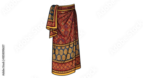 Vibrant Red and Yellow Patterned Sarong Skirt with Tied Waist.