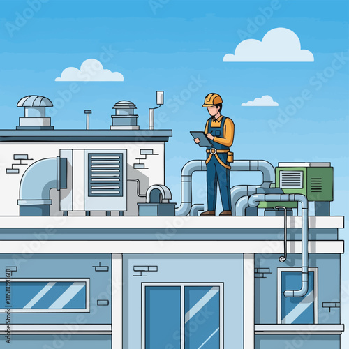 HVAC technician inspecting rooftop air conditioning unit.