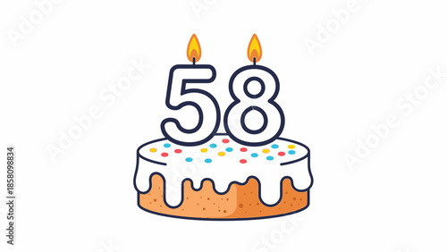 Cartoon-style illustration of a birthday cake with white frosting, colorful sprinkles, and lit candles forming the number 58 on top, against a plain white background.