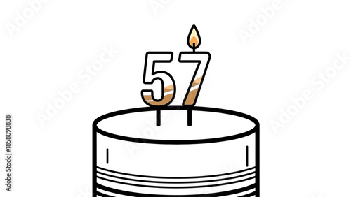 A simple line drawing of a white cake with a single lit candle forming the number 57 on top against a clean white background.