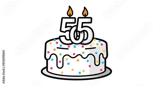 Illustration of a white cake with colorful sprinkles and a lit '55' birthday candle on top against a plain white background.