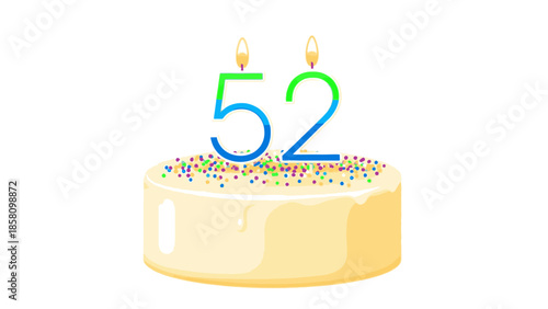 Illustration of a yellow birthday cake with white frosting colorful sprinkles and lit candles forming the number 52 on top against a plain white background.