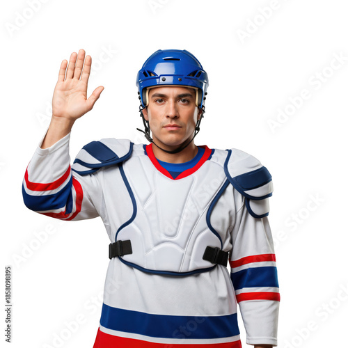Young Male Ice Hockey Player in Protective Gear Raising Hand for Attention
