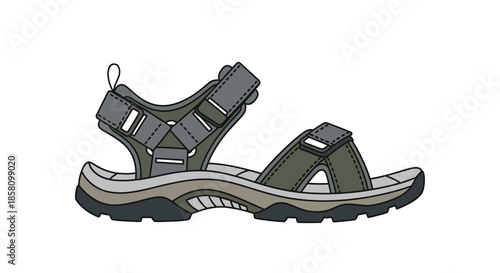 Single Grey and Olive Green Outdoor Sport Sandal Illustration.