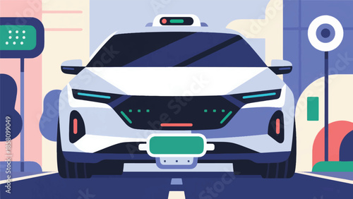 Illustration Of Smart Car Technology With Autonomous Driving System With Front Detection Signal, Vehicle Technology Vector Design Template