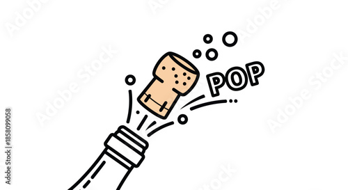 Champagne Bottle Popping Cork Illustration with Bubbles and POP Text.