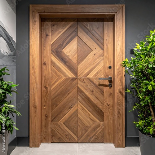 Modern wooden entryway featuring a geometric door design