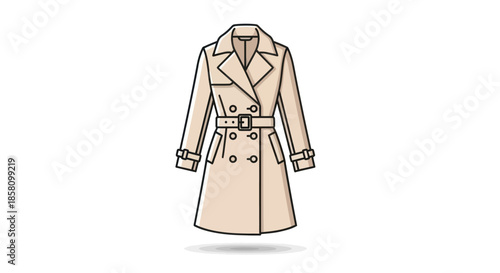 Stylish Beige Trench Coat with Belt and Double-Breasted Design.