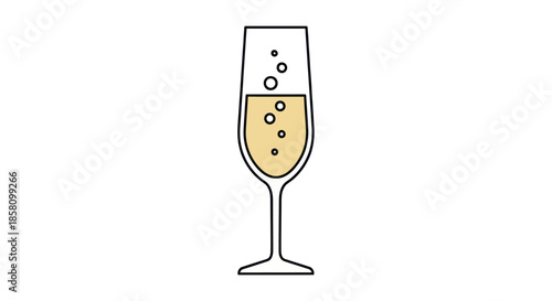 Tall flute glass filled with bubbly champagne and effervescent bubbles.