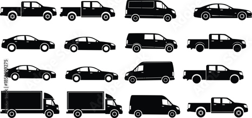 Black silhouette set of various commercial vehicles including pickup trucks delivery vans box trucks and sedan cars for logistics and transportation
