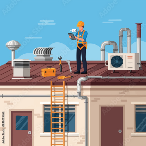 roofing repairman fixing roof with tools and equipment.