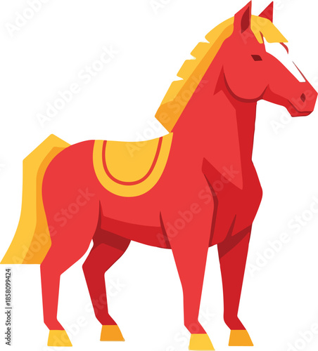 Illustration of a striking red horse with a yellow saddle