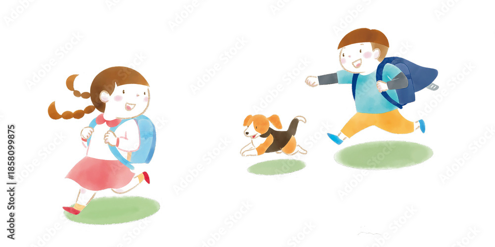 Fototapeta premium ランドセルを背負って走る子どもと犬