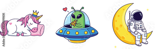 Cute cartoon unicorn alien UFO and astronaut on moon fantasy space illustration set for kids