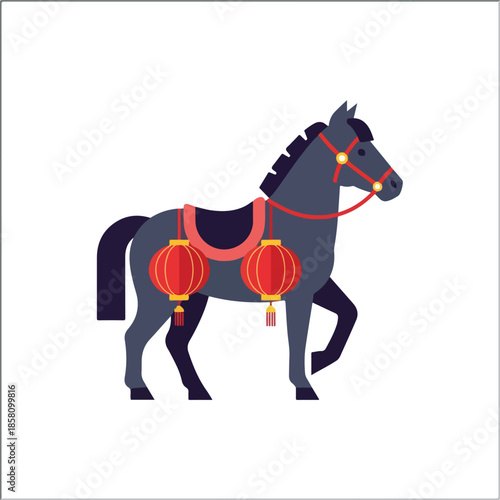 Decorative grey horse icon with auspicious red lanterns for cultural festivities