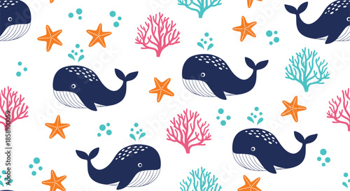 Cute cartoon whale seamless pattern with coral and starfish playful ocean animals illustration background