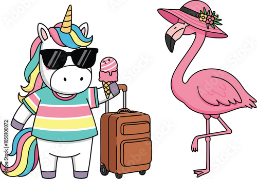 Cute cartoon unicorn traveler with suitcase and ice cream and stylish flamingo summer illustration set