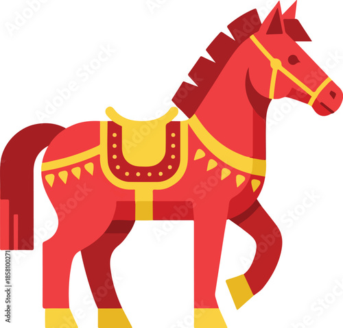 Bold red horse graphic featuring elegant golden saddle and bridle decoration