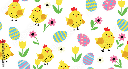 Cute Easter chicks and decorated eggs seamless pattern spring holiday cartoon illustration background