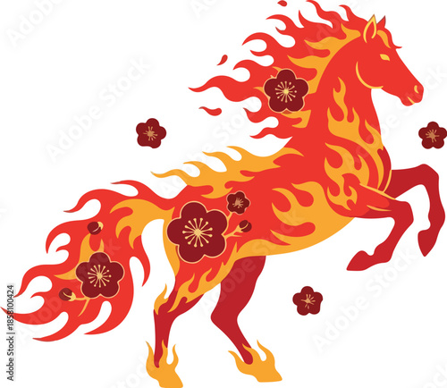 Dynamic blazing horse illustration with vibrant fiery mane and floral accents