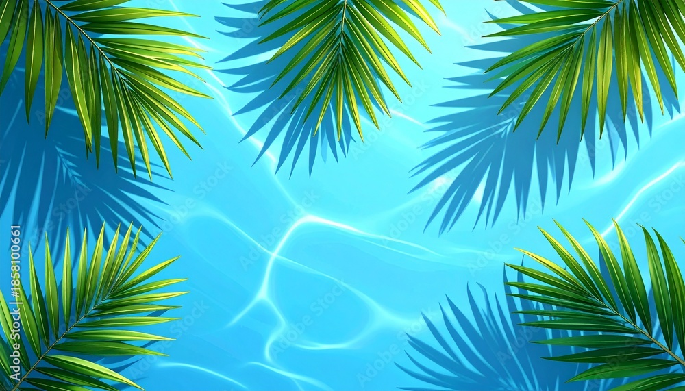 Fototapeta premium Vibrant palm leaves floating on serene tropical pool water surface