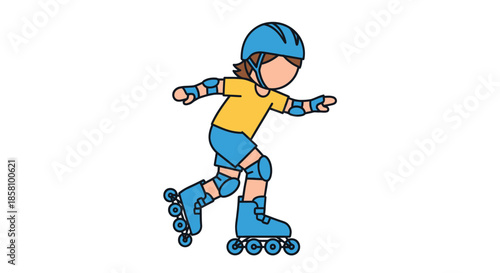 Cartoon Illustration of a Young Person Roller Skating with Protective Gear.