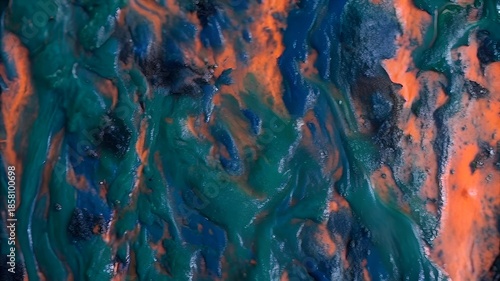 Vivid display of swirling metallic paints blending orange, blue, and green hues, creating a textured abstract background perfect for art and design.