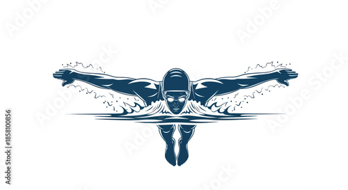 Dynamic Butterfly Stroke Swimmer in Blue Water Splash.