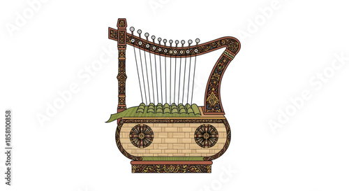 Ornate Antique Harp with Decorative Details and Strings.