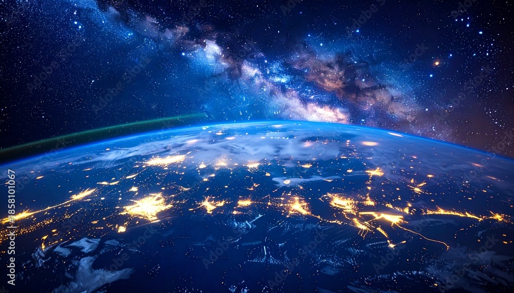 Fototapeta premium Stunning view of Earth from space with vibrant city lights and Milky Way galaxy