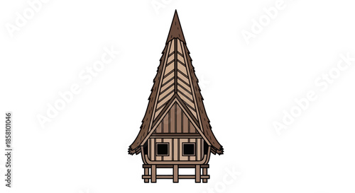 Traditional Indonesian House with Distinctive Roof and Structure.