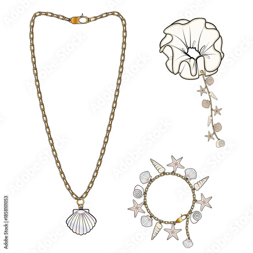 88009-Seashell Jewelry Set Vector Necklace Charm Bracelet Scrunchie