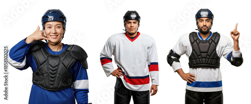 Three Male Hockey Players in Protective Gear Making Distinct Gestures on transparent background