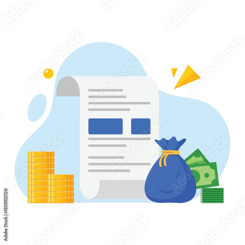 Financial document with coins, cash bag and banknotes Vector