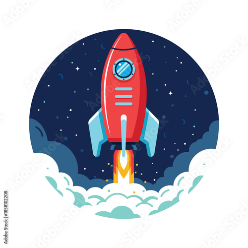 Red rocket launching into starry night sky with clouds Vector