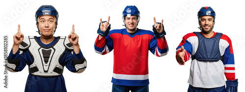 Three Male Ice Hockey Players in Uniforms Displaying Emotions and Team Spirit