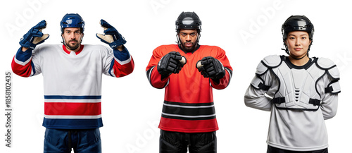 Diverse Male Ice Hockey Players in Action Poses: Three Athletes Displaying Strength and Skill