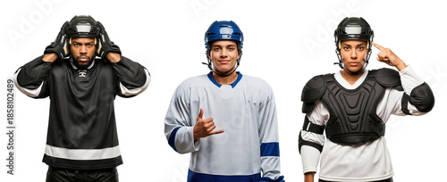 Three Hockey Players in Gear: Diverse Male Athletes Showcasing Equipment and Sportsmanship