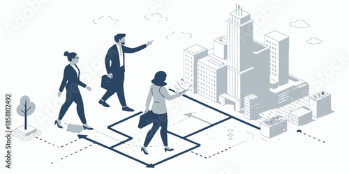 Corporate business consulting illustration showing a diverse team of professionals collaborating on a strategic management project.