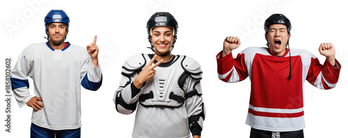 Three Male Ice Hockey Players Celebrating Goals in Team Jerseys and Protective Gear