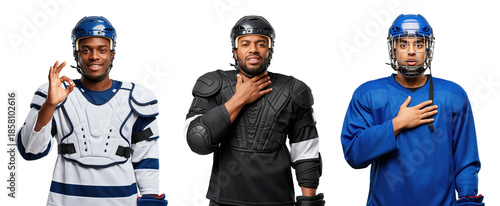 Three Male Hockey Players in Protective Gear with Hand on Heart Gesture and Blue Background