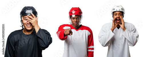 Diverse Male Hockey Players Expressing Emotions on transparent background
